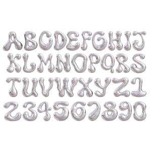 Letras 3D líquidas prateadas cromadas borbulhantes clipart PNG fonte digital doodle festa com brindes alfabeto e números imprimíveis monograma transparente