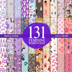 Op de afbeelding: Een verzameling van 131 digitale papierontwerpen met bloemen-, vrouwelijke en vrouwendagthema's. De ontwerpen omvatten patronen met bloemen, vrouwelijke figuren en het vrouwelijke symbool. De afbeelding bevat de tekst "DIGITAL PAPER" en "12x12 | 300 DPI".