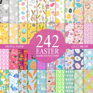 Pastel Easter Bunnies Digital Paper Bundle Seamless Repeat Pattern Cute Bunny Eggs Carrots Children Spring Scrapbook Background Gift Wrapper