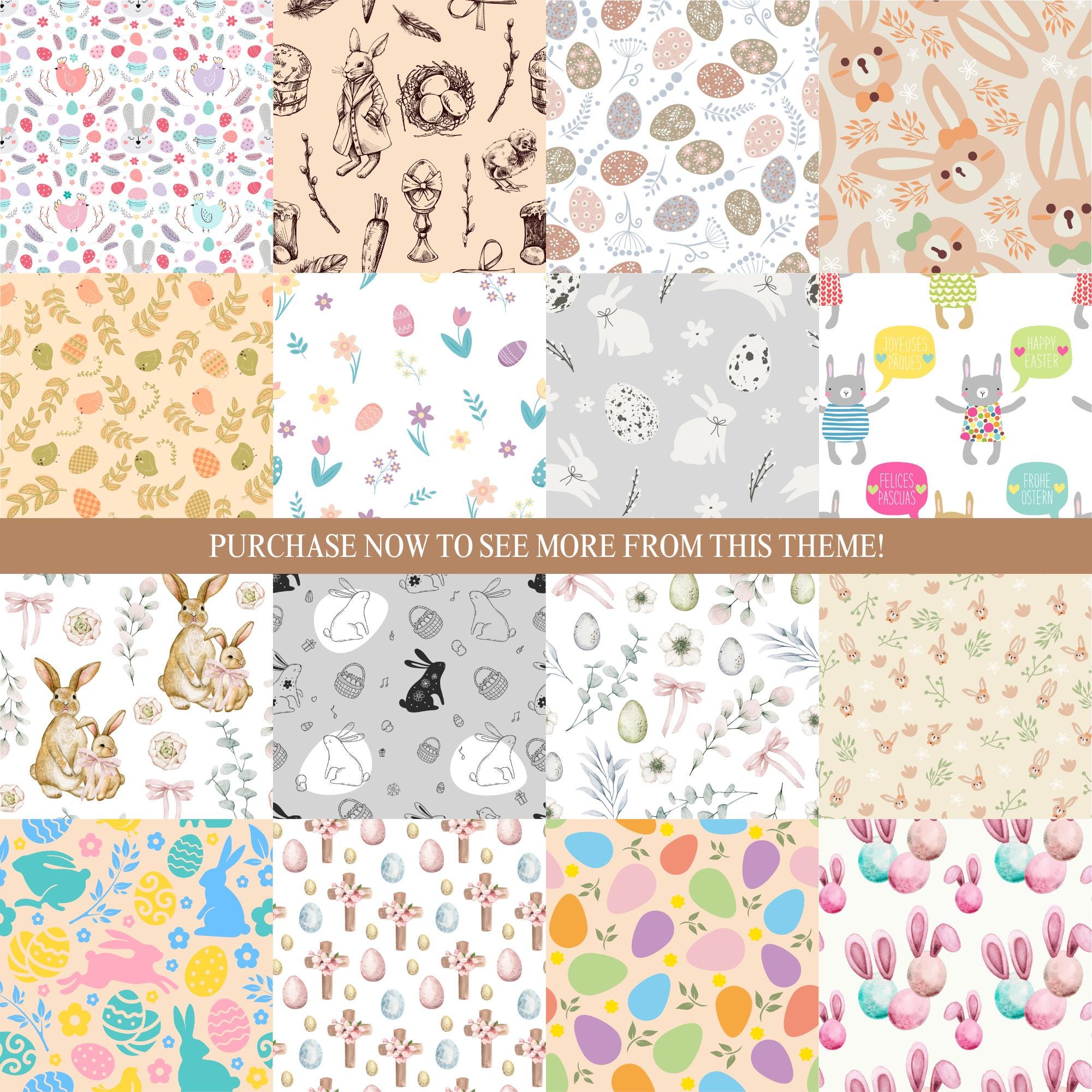 Pastel Easter Bunnies Digital Paper Bundle Seamless Repeat Pattern Cute ...
