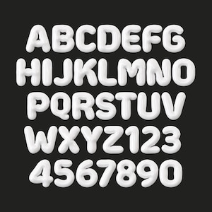 May include: White, 3D-rendered alphabet and numbers against a black background. The letters and numbers appear inflated, with a glossy finish. The full set from A to Z, plus the numbers 1 through 0, are displayed.