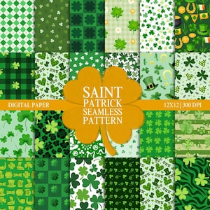 以下が含まれることがあります： 聖パトリックデーの様々なデザインを特徴とする、12種類のデジタルペーパーパターンセット。パターンには、クローバー、帽子、馬蹄形、その他の祝祭的な要素が含まれており、緑、白、黒の色合いで描かれています。画像の中央には「Saint Patrick Seamless Pattern」というテキストが表示されています。