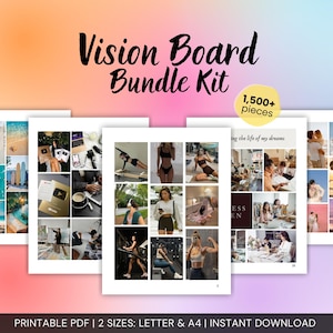 May include: A printable vision board kit with over 1,500 pieces. The kit includes images of travel, fitness, and lifestyle goals. The text "ing the life of my dreams" is visible on one of the pages.