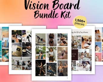 Può includere: Un kit di bacheca visiva stampabile con oltre 1.500 pezzi. Il kit include immagini di viaggi, fitness e obiettivi di stile di vita. Il testo "ing the life of my dreams" è visibile su una delle pagine.