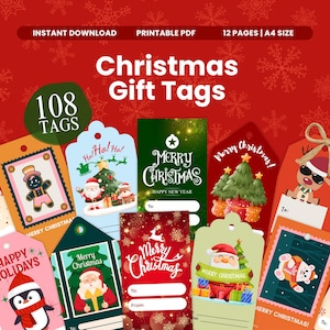May include: A collection of Christmas gift tags with various designs, including Santa Claus, reindeer, penguins, and Christmas trees. The tags are in different shapes and colors, with text that reads "Merry Christmas" and "Happy Holidays". The image also includes the text "Christmas Gift Tags" and "108 Tags".