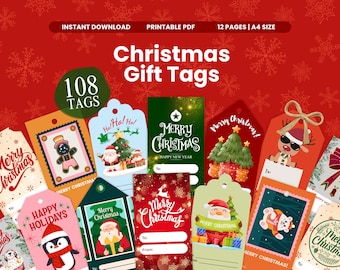 108 Assorted Merry Christmas Gift Tags Bundle Minimalist Colorful Printable Labels Xmas Cards PDF Happy Holidays Favor Tags Digital Download