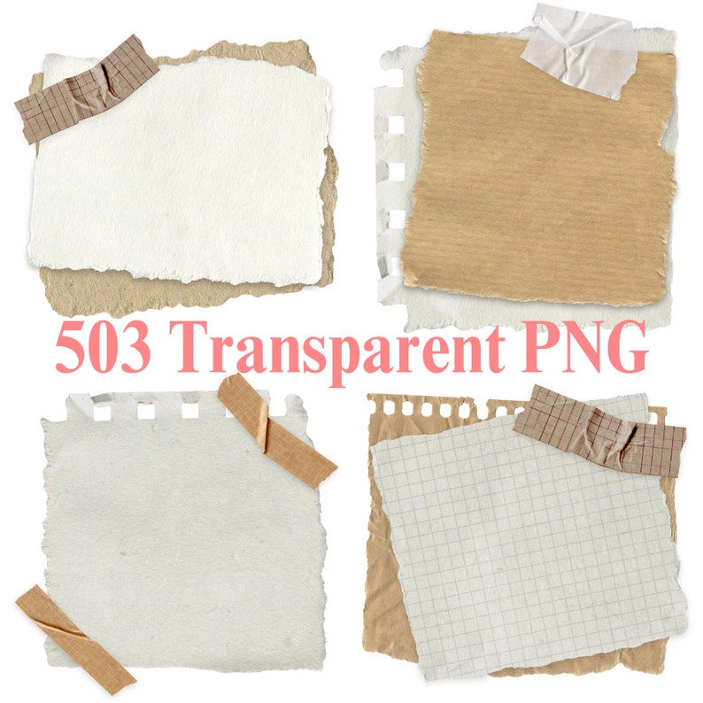 May include: Four different textured paper scraps with torn edges. Each scrap has a piece of brown tape on it. The scraps are on a white background.