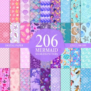 Op de afbeelding: Een verzameling van 206 digitale papierpatronen met zeemeermintthema. De patronen bevatten verschillende ontwerpen, waaronder zeemeerminschubben, schelpen, zeesterren en zeemeerminnen in roze, paarse en teal tinten. De tekst "MERMAID SEAMLESS PATTERN" wordt weergegeven.