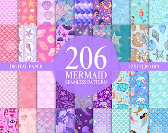 206 Mermaid Scales Ocean Pastel Sea Princess Sirena Seamless Patterns Mermaids Digital Paper Underwater Party POD Supplies Birthday Shells