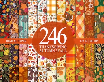 246 Thanksgiving Autumn Printable Paper Seamless Fall Leaves Junk Journal Patterns DigitalDownload Vintage Wood Background Pumpkin Scrapbook
