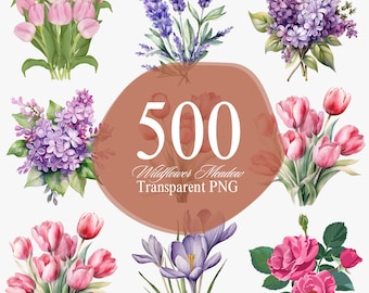 500 Wildflower Meadow Clipart PNG Summer Floral Design Bundle, Garden Images for Print, Collage, Scrapbook, Journal, Free Commercial Use