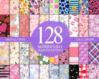 128 Mothers Day Digital Paper Scrapbook Gift Wrapper Printable Woman Girly Flower Floral Hearts Lovely Mom Seamless Background Color Themes
