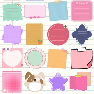May include: A collection of colorful, blank note paper templates with various shapes and designs, including a heart, a star, a circle, a bunny, and a cloud. The paper is on a lined background with a blue and white pattern.