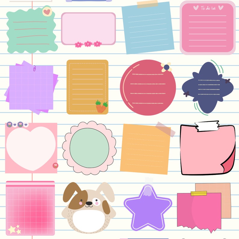 May include: A collection of colorful, blank note paper templates with various shapes and designs, including a heart, a star, a circle, a bunny, and a cloud. The paper is on a lined background with a blue and white pattern.