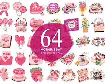 Happy Mother's Day Stickers Clipart 4 Sets Bundle Lovely Mom Gift PNG Digital Scrapbooking Printable Paper Craft With Free Sticker Sheets
