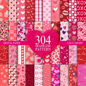 Può includere: Un set di 304 motivi di carta digitale con vari temi di San Valentino. I motivi includono cuori, strisce, pois e altri design in tonalità di rosa, rosso e bianco. I motivi sono di 30,5 cm per 30,5 cm e 300 DPI.