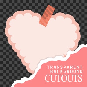 May include: A pink heart-shaped cutout with a white border and a red and white striped washi tape sticker on the top. The cutout is on a pink background with the text "TRANSPARENT BACKGROUND CUTOUTS" in white.