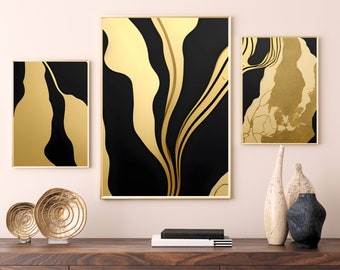 Black and Gold Wall Art, Set of 3 Prints, Printable, Digital Download, Golden Marble Abstract Effect, Luxury Home Decor, Modern Art Gallery