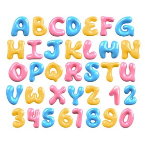 Paquete de imágenes prediseñadas PNG de letras burbujeantes en 3D, fuente de burbujas brillante, letras de burbujas del alfabeto, garabatos, monogramas, fiesta, sublimación, retro, lindo, rosa, azul, amarillo