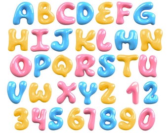 3D Bubbly Letters Clipart PNG Bundle Shiny Bubble Font Alphabet Bubble Letters Doodle Monogram Party Sublimation Retro Cute Pink Blue Yellow