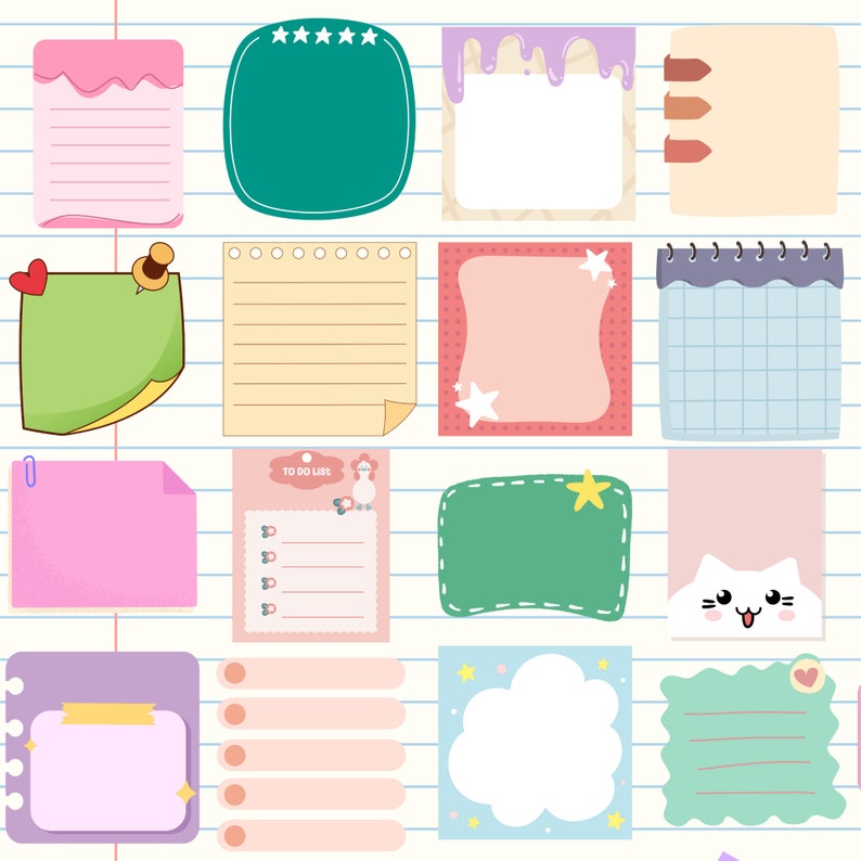 May include: A set of 12 colorful printable digital planner stickers with various designs, including stars, a cat, a cloud, and a to-do list. The stickers are perfect for adding a touch of personality to your digital planner.