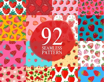 92 Strawberry Digital Papers Seamless Pattern Personal Commercial Use Printable Instant Download Invitation Birthday Party Summer Background