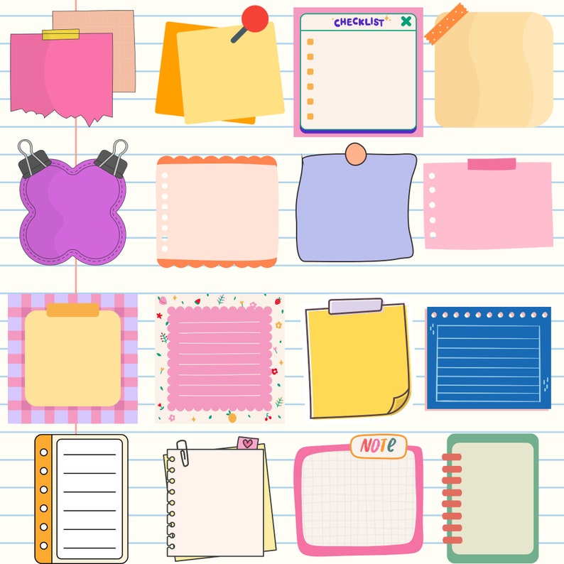 May include: A set of 12 colorful printable note paper templates with different designs and borders. The templates include a checklist, a note, a butterfly, and lined and grid paper.