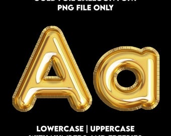 Gold Foil Balloon Alphabet Clipart Uppercase Lowercase 3D PNG Letters w Numbers Freebies Golden Celebration Party Decoration Studio Design