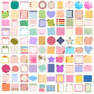 May include: A set of 64 colorful printable planner stickers with various shapes, sizes, and designs. The stickers feature a variety of patterns, including polka dots, stripes, and hearts. Some stickers have text, such as "Memo" and "Note".