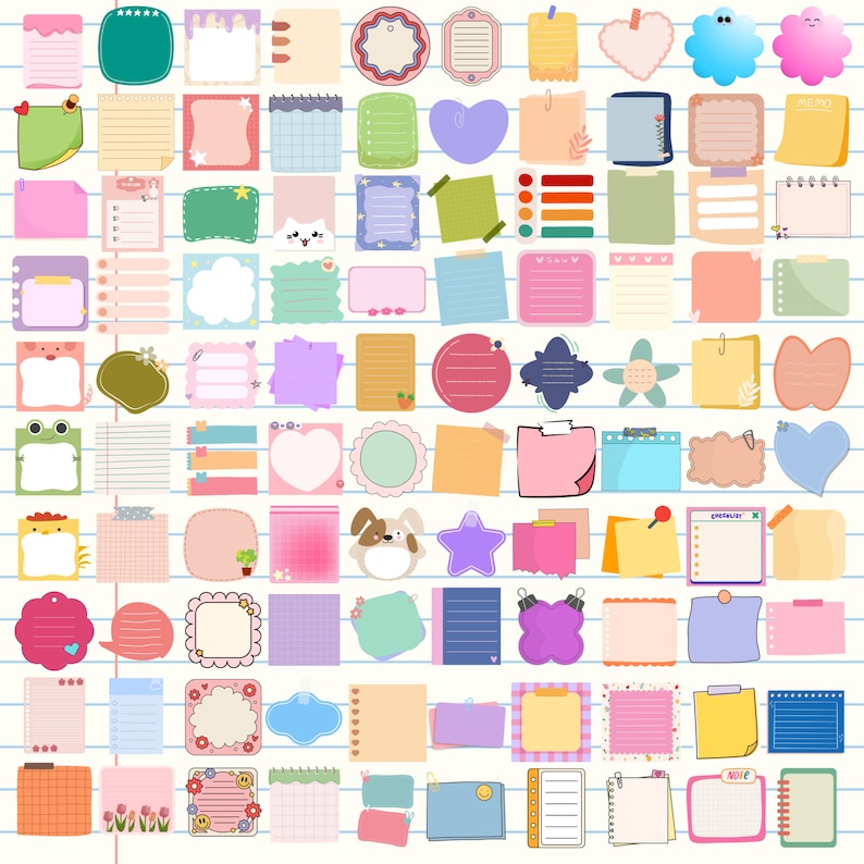 May include: A set of 64 colorful printable planner stickers with various shapes, sizes, and designs. The stickers feature a variety of patterns, including polka dots, stripes, and hearts. Some stickers have text, such as "Memo" and "Note".