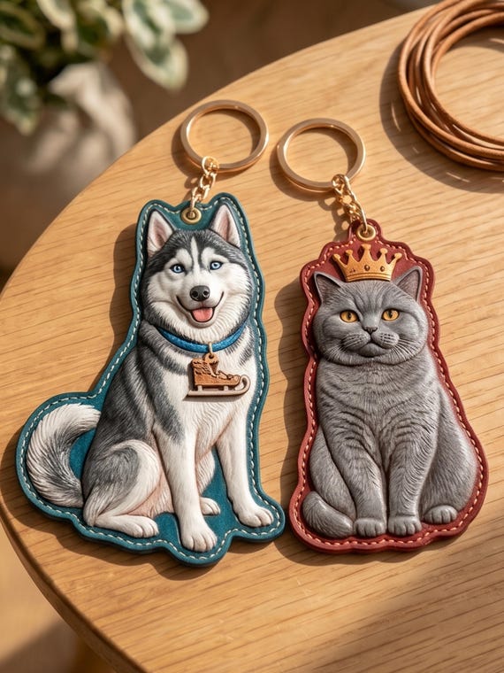 A real artisan hand-carves your pet's face into leather in 3D — it's a portrait miniature you actually carry around every day.