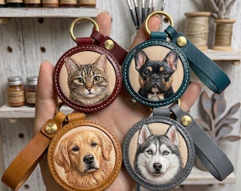 Llavero de mascota personalizado con foto, llavero de cuero personalizado, llavero de perro y gato hecho a mano, llavero con foto grabada, adornos para bolsos y llaveros.