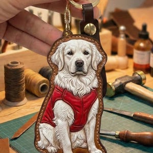 Puede incluir: Llavero de cuero con una imagen detallada de un golden retriever con un chaleco rojo. El perro est&aacute; intrincadamente tallado y cosido sobre un respaldo de cuero marr&oacute;n, con un llavero dorado adjunto. El fondo muestra herramientas y materiales, lo que sugiere un art&iacute;culo hecho a mano.