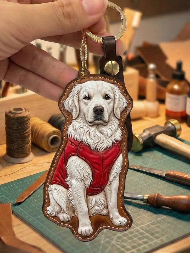 Puede incluir: Llavero de cuero con una imagen detallada de un golden retriever con un chaleco rojo. El perro est&aacute; intrincadamente tallado y cosido sobre un respaldo de cuero marr&oacute;n, con un llavero dorado adjunto. El fondo muestra herramientas y materiales, lo que sugiere un art&iacute;culo hecho a mano.