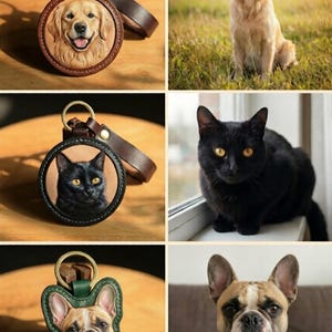 Puede incluir: Llaveros de cuero con retratos detallados de un Golden Retriever, un gato negro y un Bulldog Franc&eacute;s. Cada llavero tiene una correa de cuero marr&oacute;n y un anillo de metal para llaves.