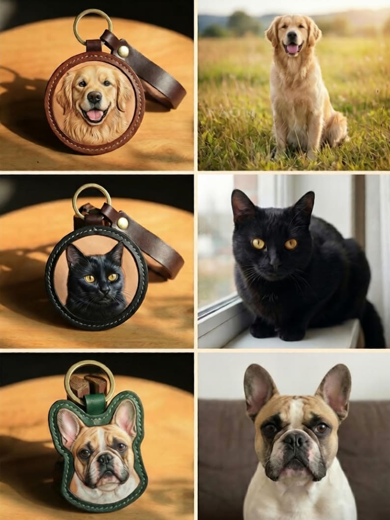Puede incluir: Llaveros de cuero con retratos detallados de un Golden Retriever, un gato negro y un Bulldog Franc&eacute;s. Cada llavero tiene una correa de cuero marr&oacute;n y un anillo de metal para llaves.