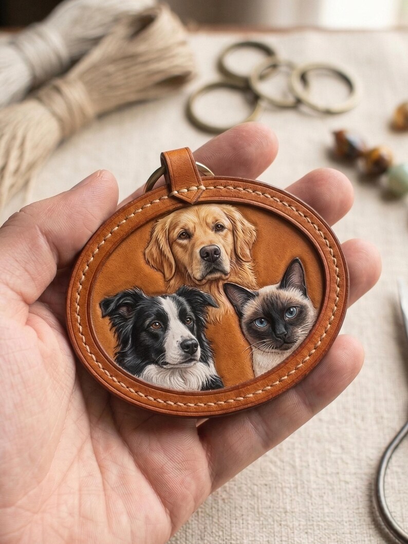 Llavero de mascota personalizado con foto, llavero de cuero personalizado, llavero de perro y gato hecho a mano, llavero con foto grabada, adornos para bolsos y llaveros. 3 Pets One Side