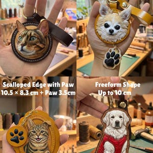 Puede incluir: Colecci&oacute;n de llaveros de cuero hechos a mano con retratos detallados de animales. Los llaveros incluyen un dise&ntilde;o de gato redondo (7,5 cm), un dise&ntilde;o de perro redondo con una pata (7,5 cm + pata de 3,5 cm), un dise&ntilde;o de gato con borde festoneado y una pata (10,5 x 8,3 cm + pata de 3,5 cm) y un perro de forma libre (hasta 10 cm).