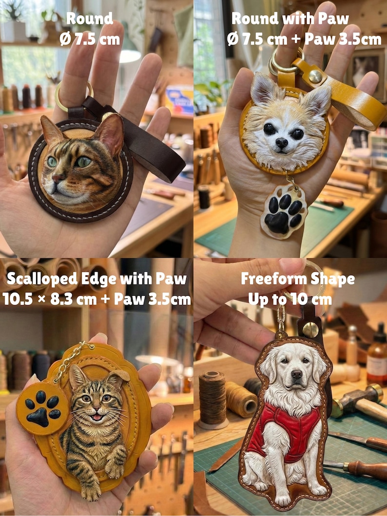 Puede incluir: Colecci&oacute;n de llaveros de cuero hechos a mano con retratos detallados de animales. Los llaveros incluyen un dise&ntilde;o de gato redondo (7,5 cm), un dise&ntilde;o de perro redondo con una pata (7,5 cm + pata de 3,5 cm), un dise&ntilde;o de gato con borde festoneado y una pata (10,5 x 8,3 cm + pata de 3,5 cm) y un perro de forma libre (hasta 10 cm).