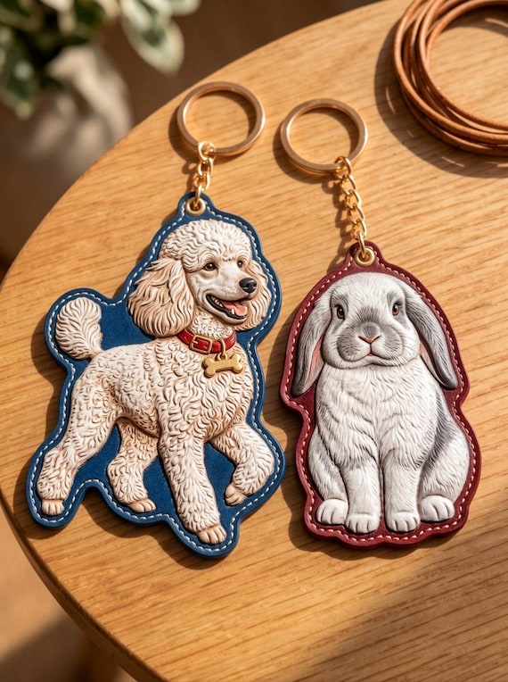 A real artisan hand-carves your pet's face into leather in 3D relief — it's a tiny sculptural portrait you carry on your keys every day.