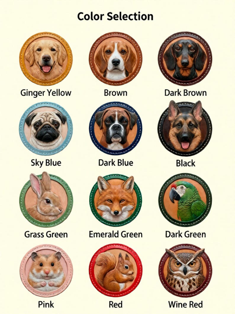 Puede incluir: Una colecci&oacute;n de dise&ntilde;os redondos de cuero repujado con varios animales, incluyendo perros, un conejo, un zorro, un loro, un h&aacute;mster, una ardilla y un b&uacute;ho. Cada dise&ntilde;o est&aacute; enmarcado con un color contrastante y etiquetado con un nombre de color.