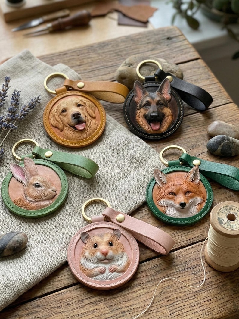Llavero de mascota personalizado con foto, llavero de cuero personalizado, llavero de perro y gato hecho a mano, llavero con foto grabada, adornos para bolsos y llaveros. imagen 1