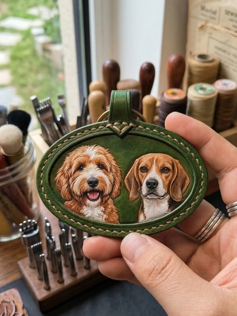 Llavero de mascota personalizado con foto, llavero de cuero personalizado, llavero de perro y gato hecho a mano, llavero con foto grabada, adornos para bolsos y llaveros. 2 Pets One Side