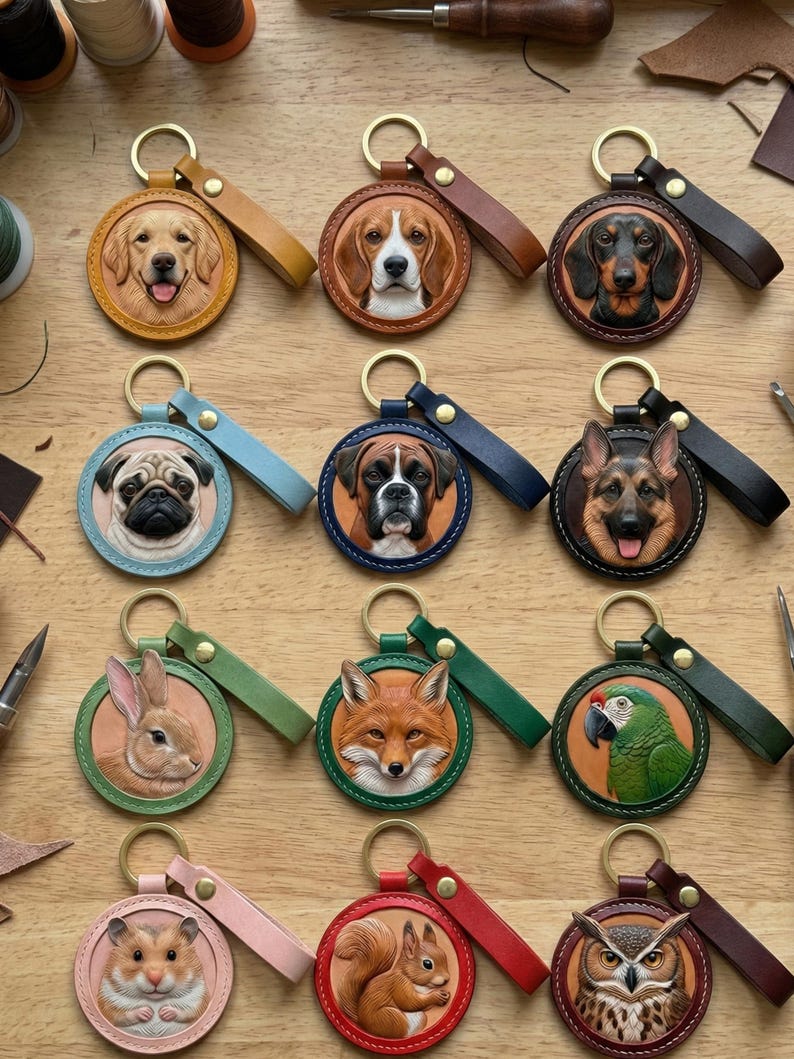 Puede incluir: Colecci&oacute;n de llaveros de cuero hechos a mano con retratos detallados de animales. Cada llavero tiene un dise&ntilde;o circular con un anillo dorado y una correa de cuero a juego. Animales: perros, un conejo, un zorro, un loro, un h&aacute;mster, una ardilla y un b&uacute;ho.