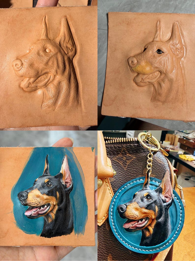 Puede incluir: Cuatro im&aacute;genes que muestran arte de Doberman. Dos son retratos de perros en cuero repujado, uno es un retrato pintado sobre un cuadrado y el &uacute;ltimo es un llavero con un retrato de Doberman en un c&iacute;rculo azul.
