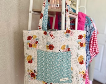 Floral Cotton Quilted Tote Bag, Shoulder Bag, Handmade, Patchwork, Girly, Flower