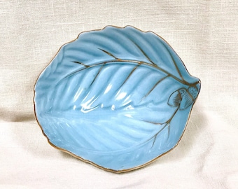 Vintage Blue and Gold Small Mid Century Leaf Dish Robins Egg Blue