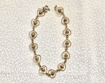 Vintage Gold over 925 Dainty Filigree Hearts Link Bracelet