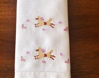 Vintage Embroidered Poodle Linen Hand Towel