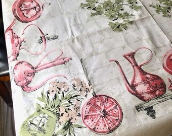 Vintage Tablecloth, Pink and Sage Green, Excellent Condition, Pitchers Fruit Flowers